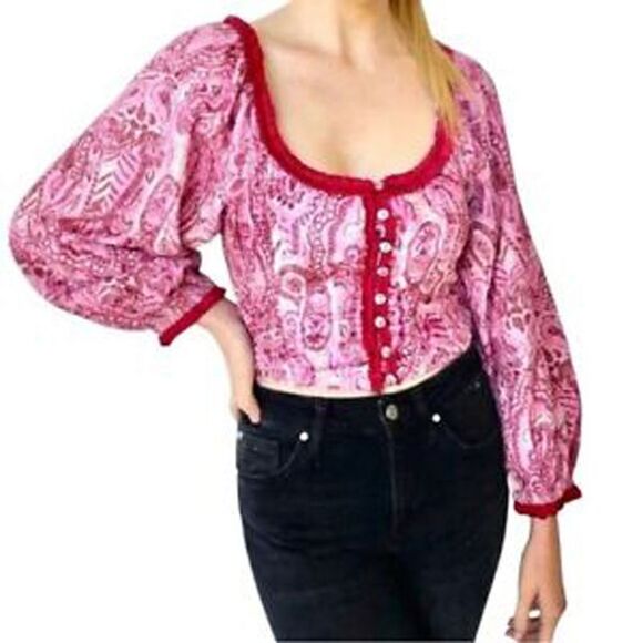Free People Dare Me Velvet Blouse In Retro Combo - XL - Picture 2 of 3